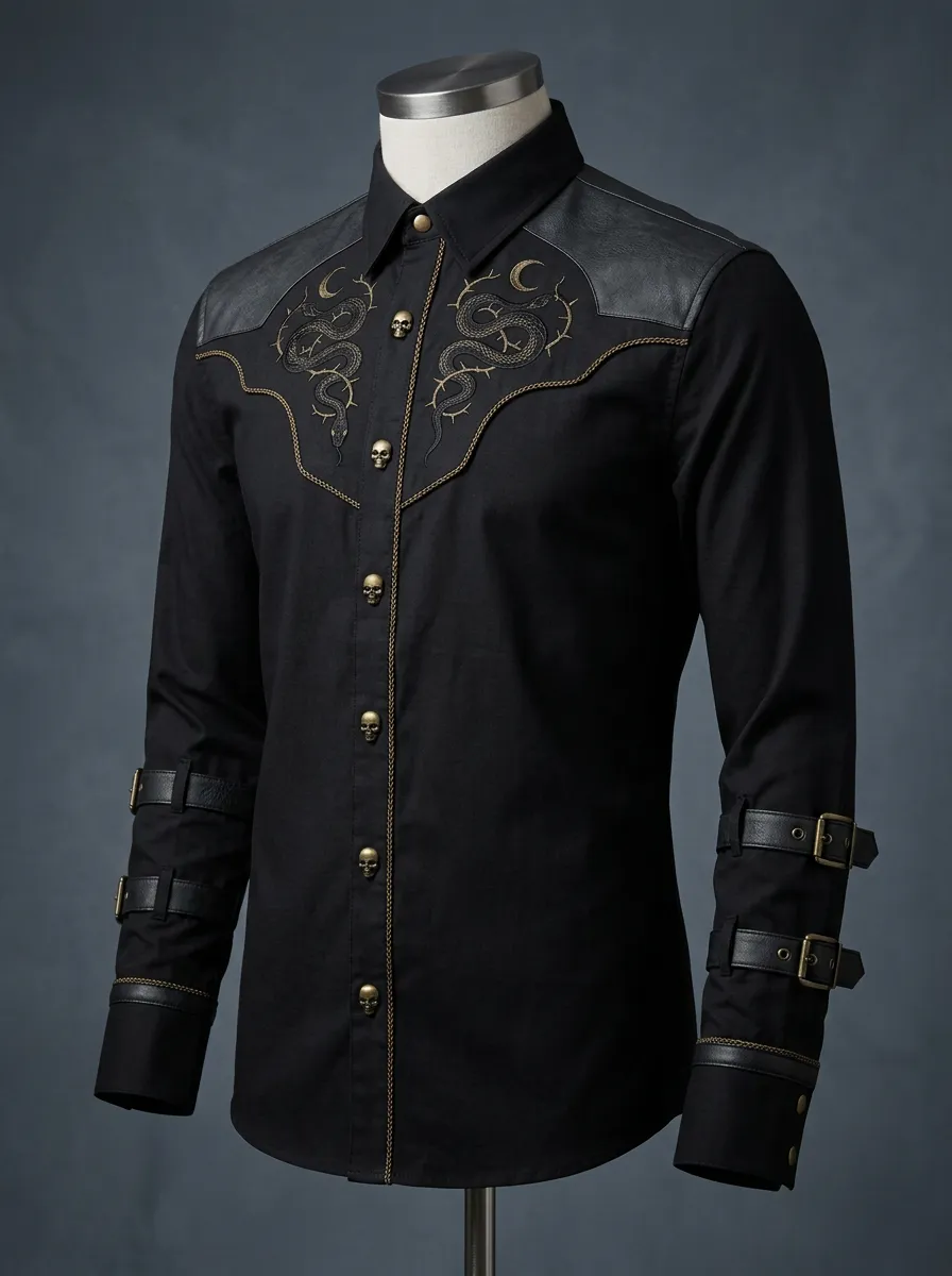 Moonlit Skull Snake Buckle Night Look Men's Gothic Shirt