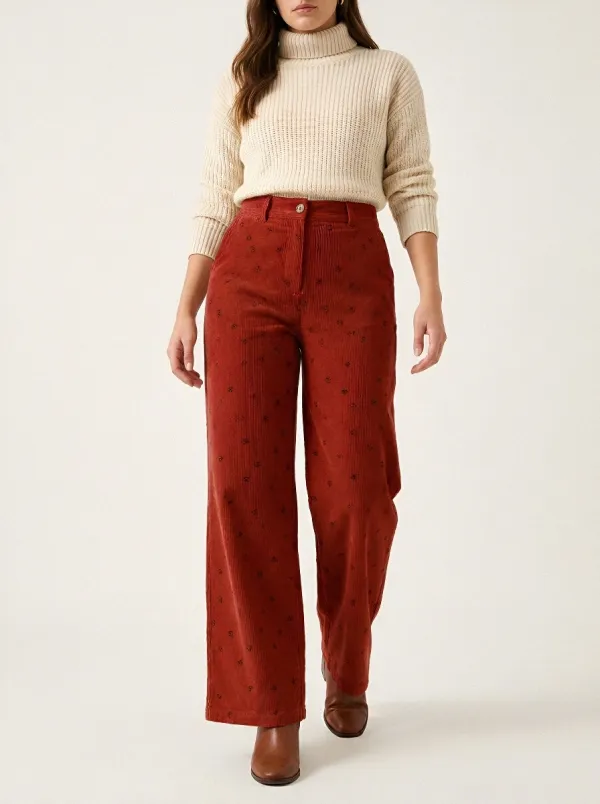Women's Vintage Style Small Floral Printed Corduroy Pants