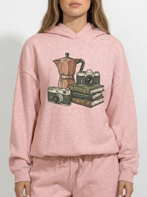 Women's Coffee Camera Book Vintage Graphic Hoodie