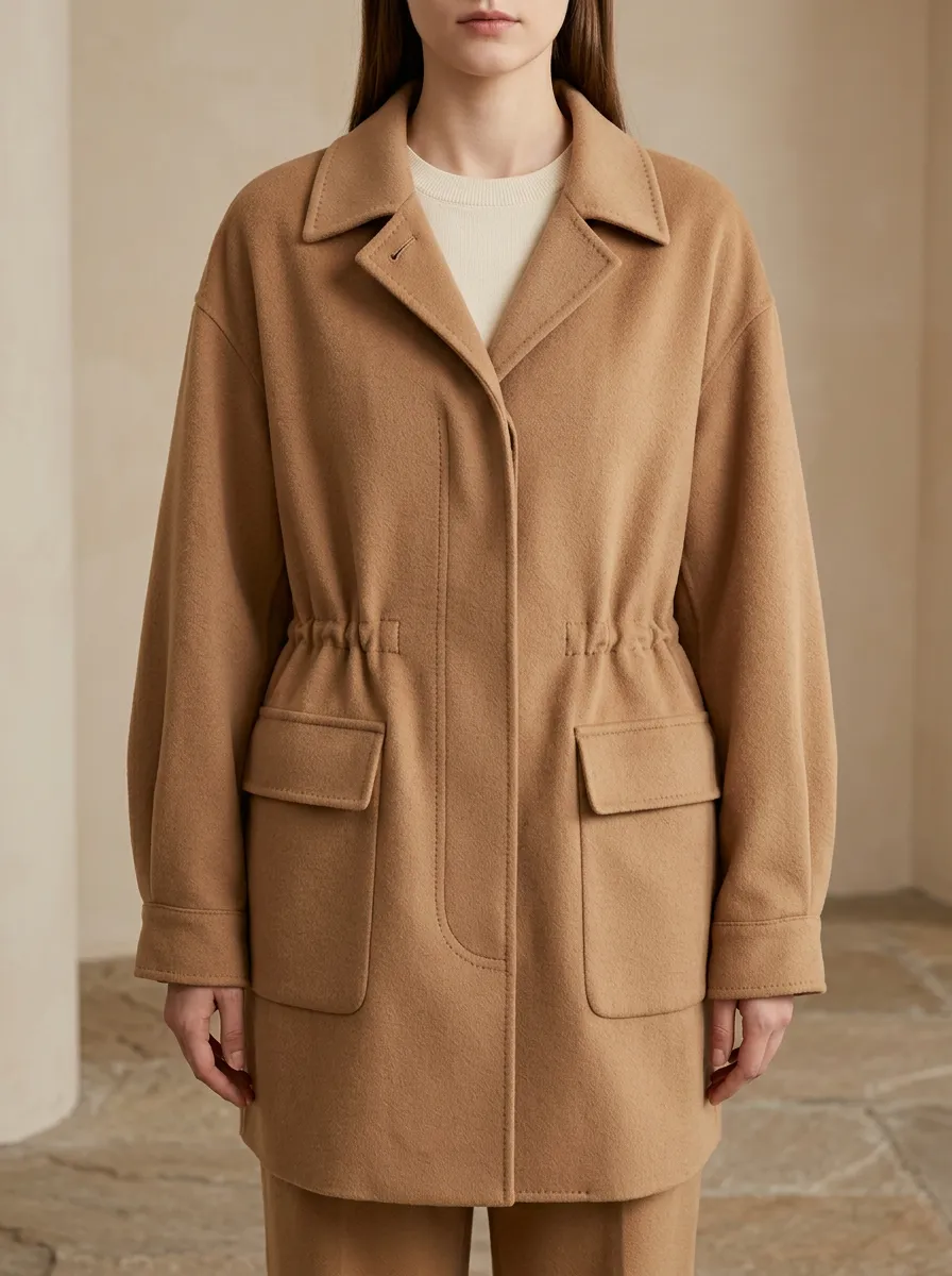 Drawstring Waist Wool Blend Coat