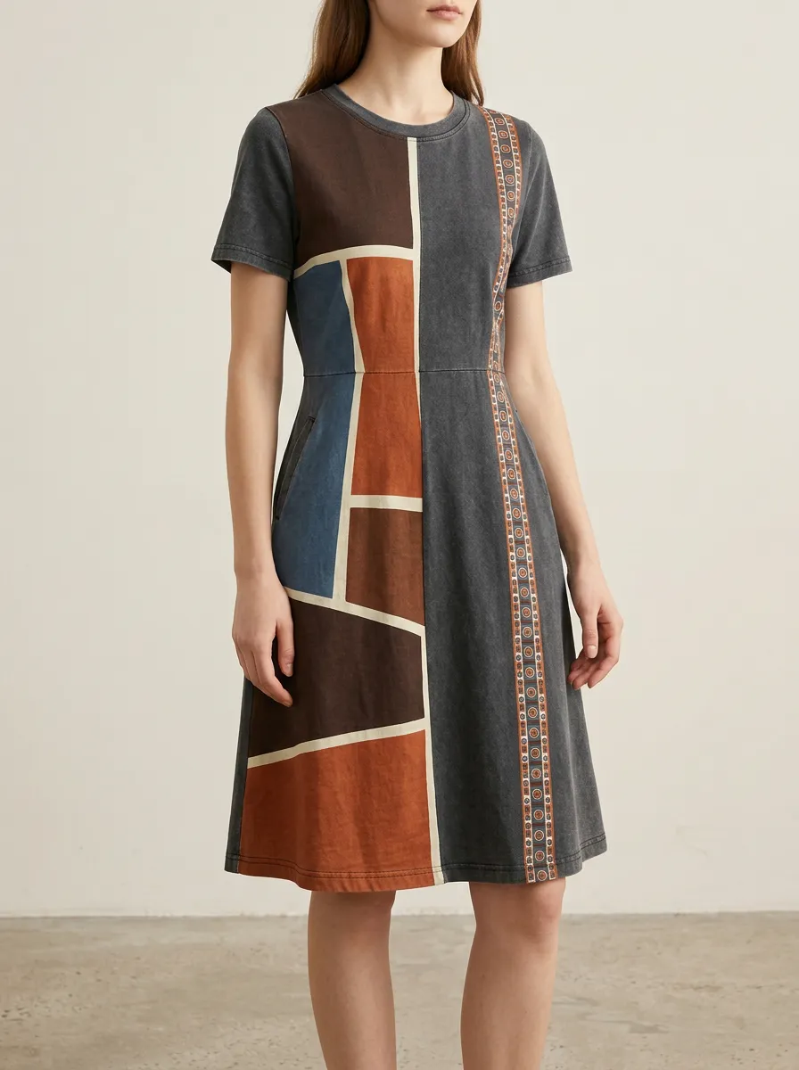Women's Geometric Colorblock Tribal Pattern Printed Dress