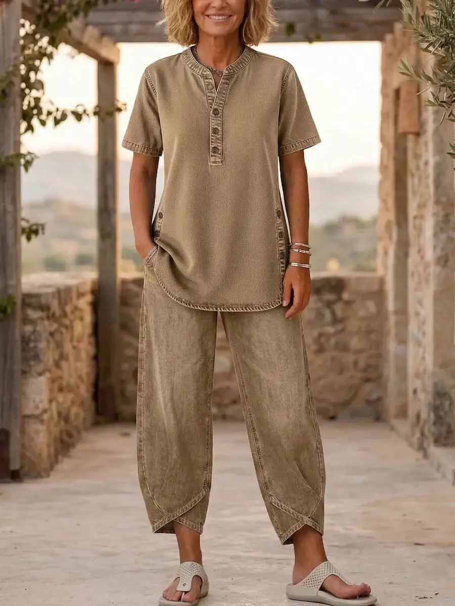 Lapel Button-Up Women's Lounge Set