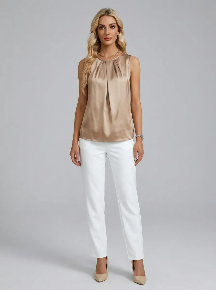 Pleated Sleeveless Satin Top
