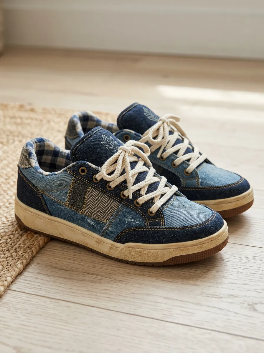 Women's Vintage Denim Patchwork Plaid Printed Sneakers