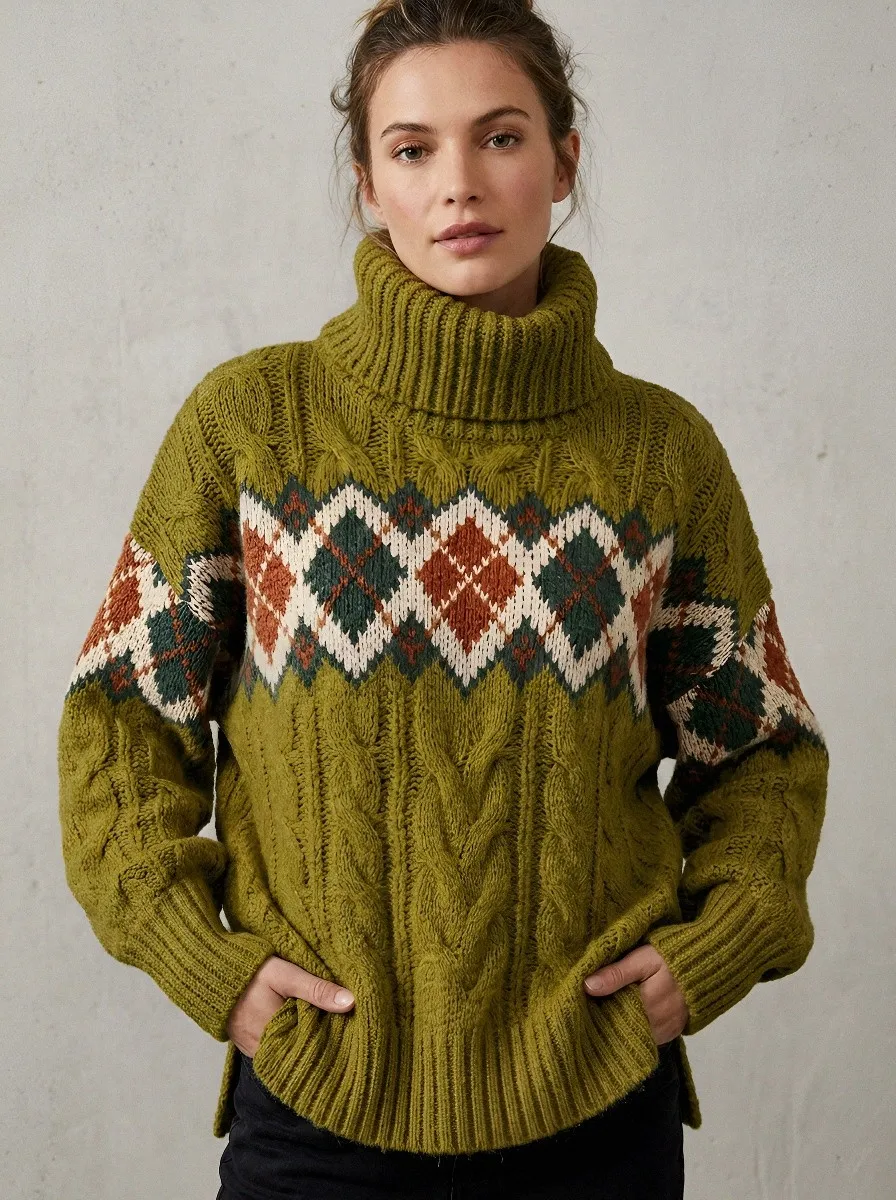 Women's Vintage Style Argyle Pattern Cable Knit Printed Turtleneck Sweater