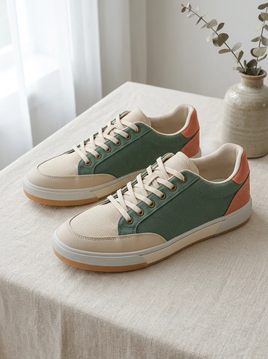 Women's Casual Green Beige Colorblock Canvas Printed Sneakers