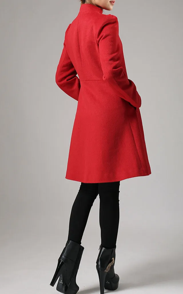 Wool Blend Fit and Flare Asymmetrical Pocketed Button Front Coat
