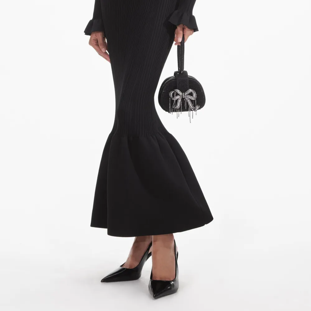Black Ribbed Knit Fluted Midi Dress