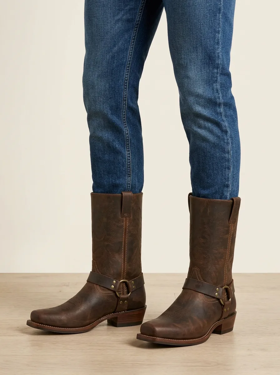Men's Western Cowboy Brown Leather Ring Harness Stitched Boots