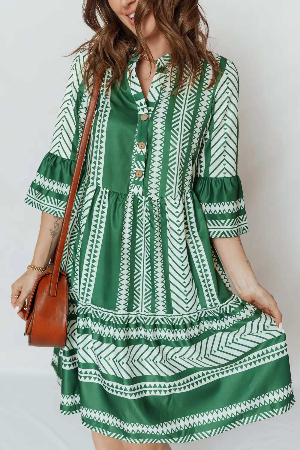 Boho Ethnic Print Half Button Sleeve Casual Dress