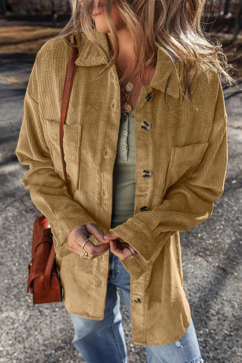 Women's Patched Pocket Button Up Corduroy Shacket