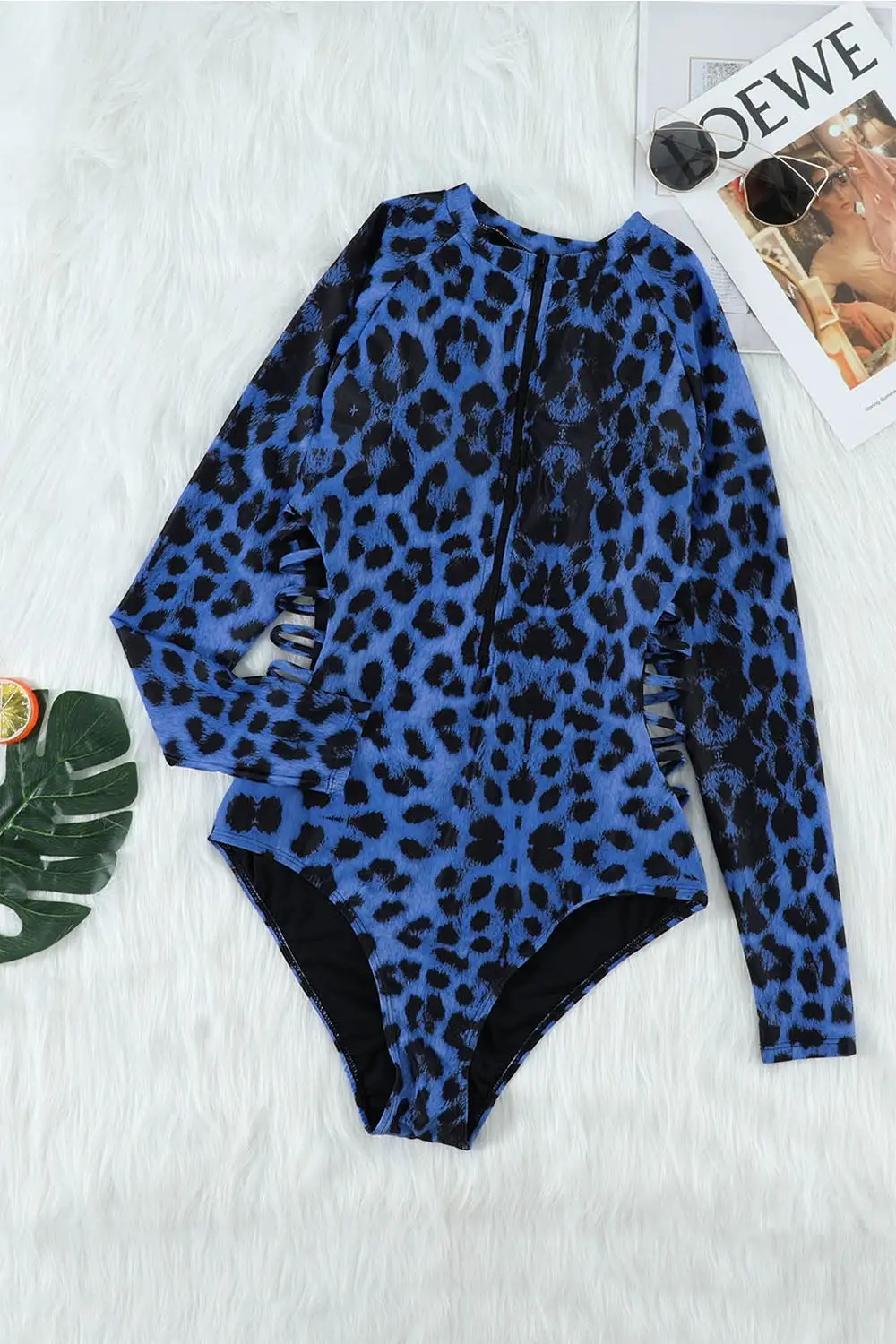 Leopard Print Zip Front Printed Long Sleeve One Piece Swimsuit Swimwear