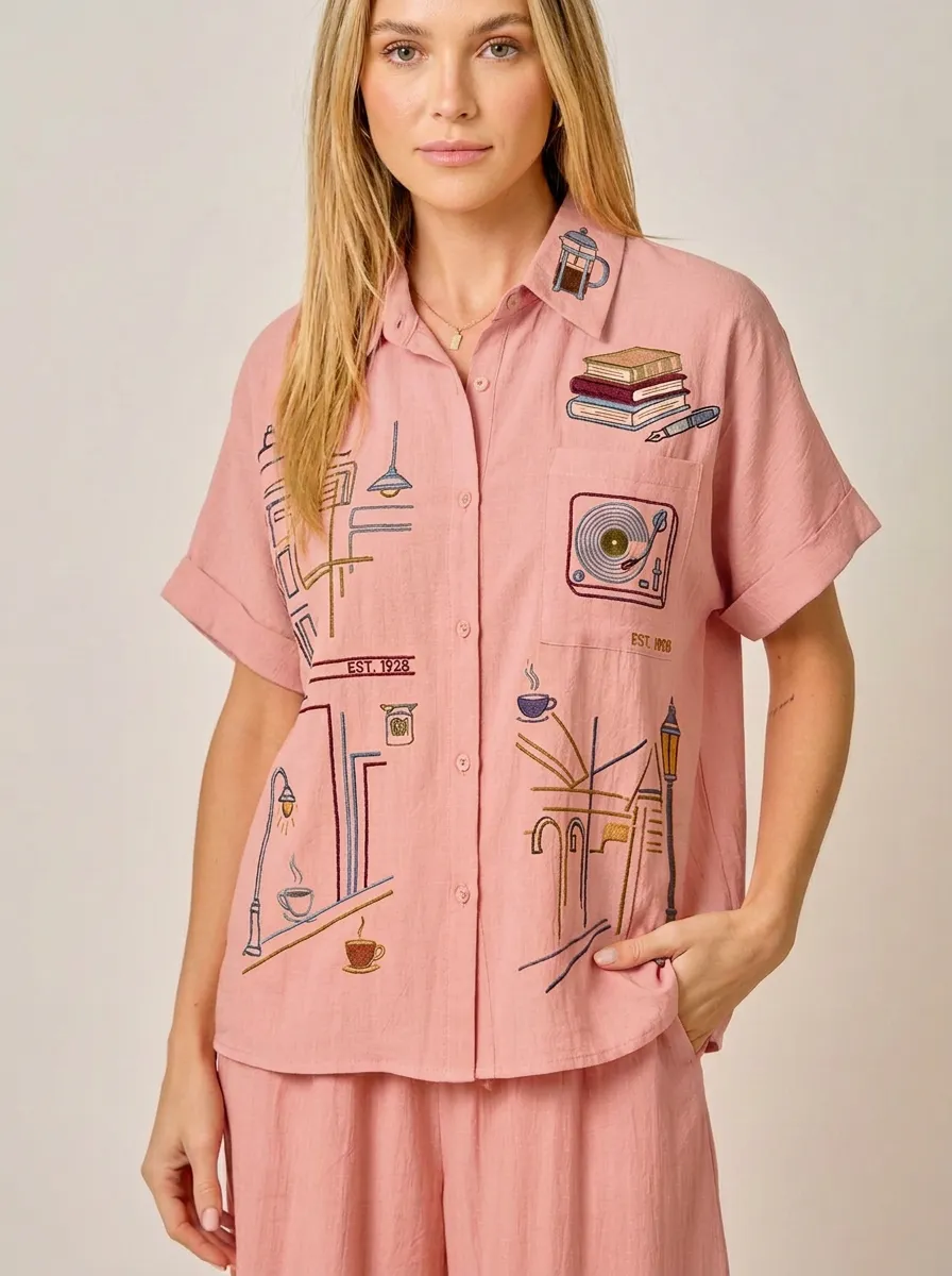 Women's Book Coffee Record Player Embroidered Button-down Shirt Tank Top