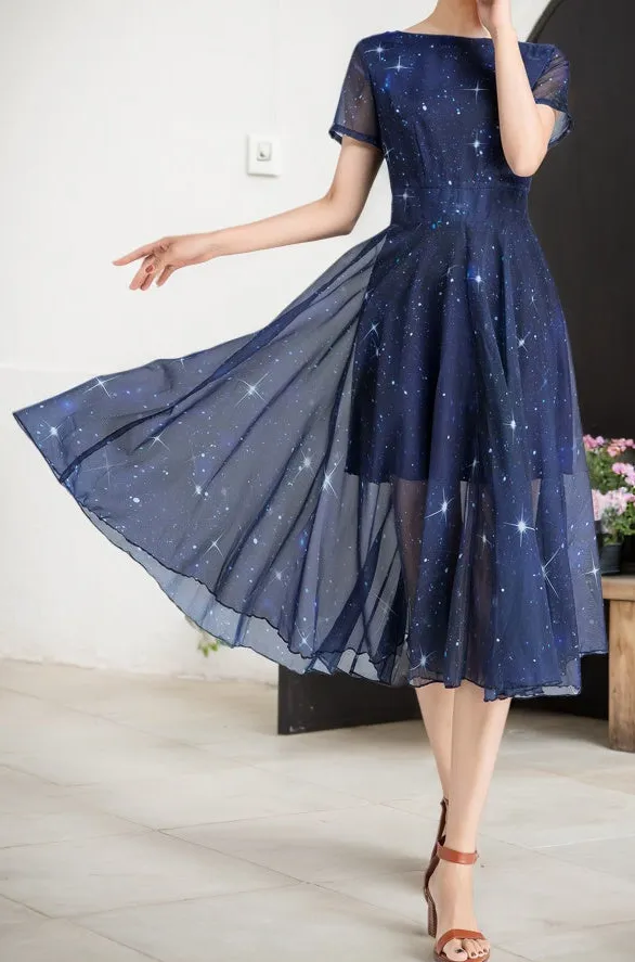 Printed Chiffon Fit And Flare Short Sleeve Midi Dress