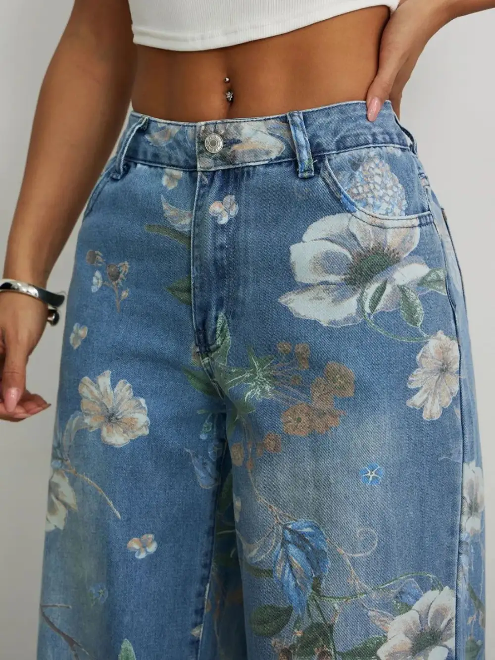 Floral Print Wide Leg Denim Jeans