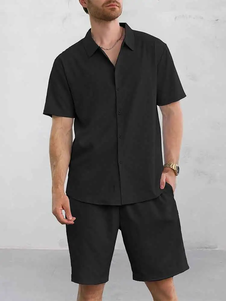 Casual Jacquard Shirt Shorts Set