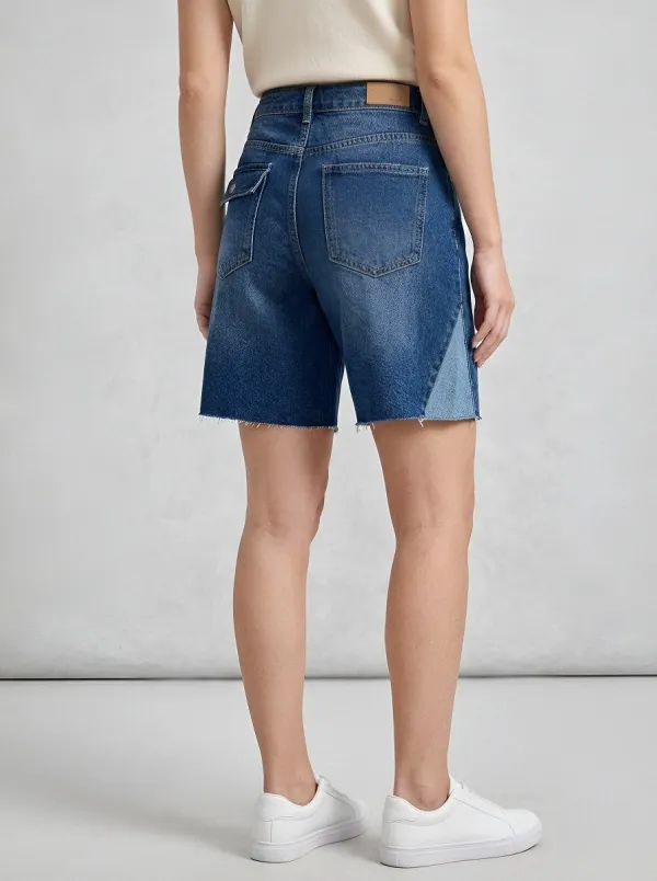 Women's Casual Fashion Colorblock Raw Hem Denim Shorts