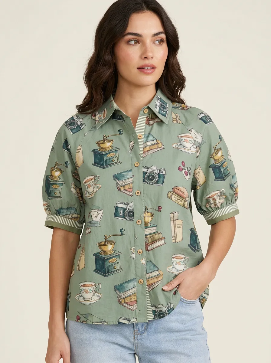 Women's Coffee Book Camera Hobby Graphic Button-Up Shirt