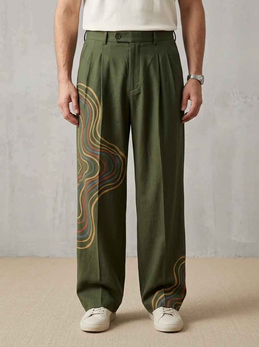 Men's Abstract Wave Pattern Printed Wide Leg Pants