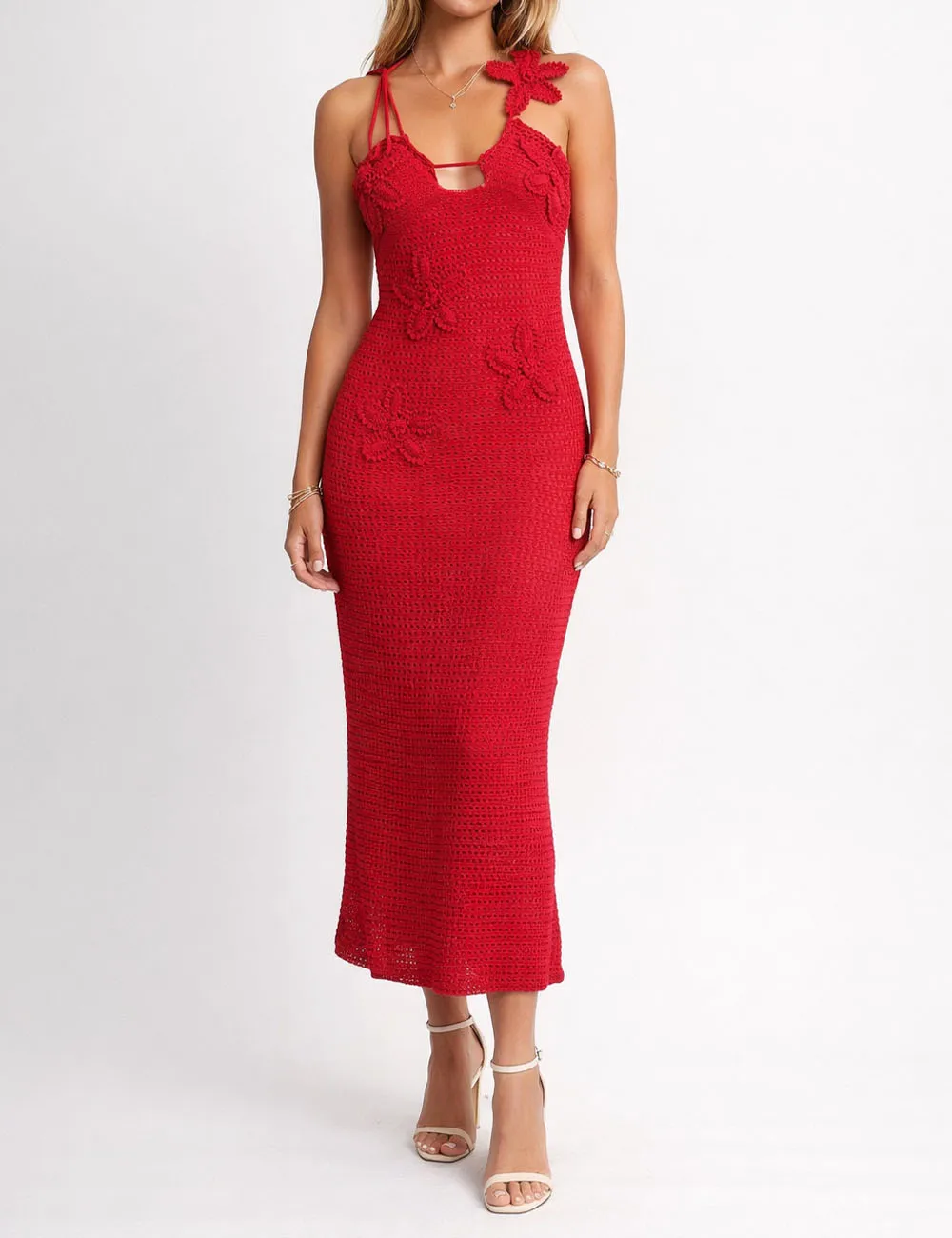 Crochet Applique Halter Bodycon Midi Dress