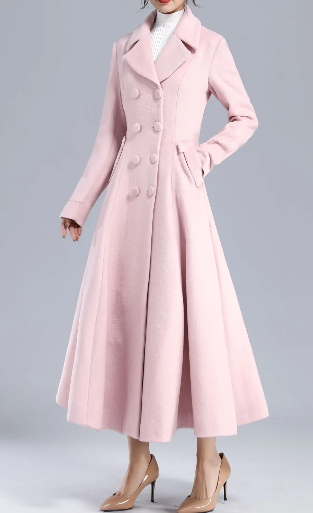 Wool Blend A Line Double Breasted Lapel Collar Pocketed Coat