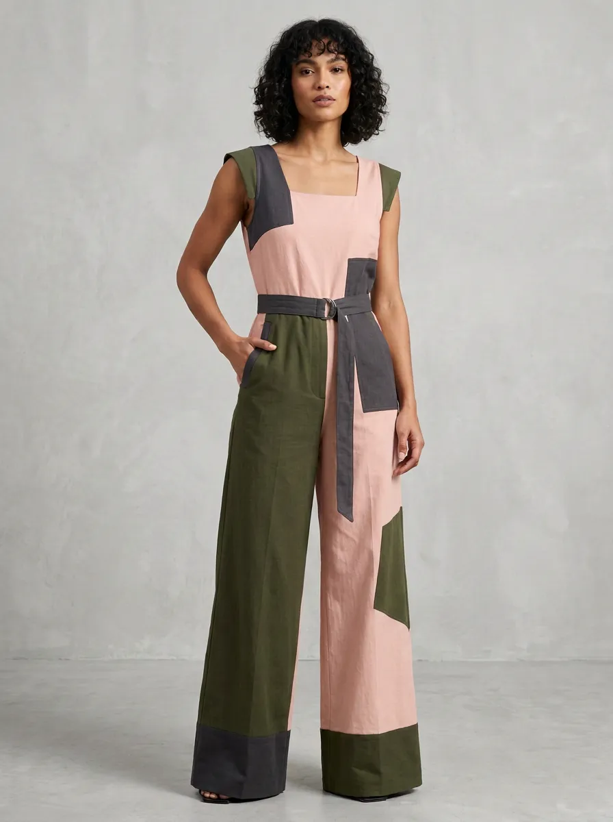 Women's Patchwork Colorblock Belted Sleeveless Jumpsuit