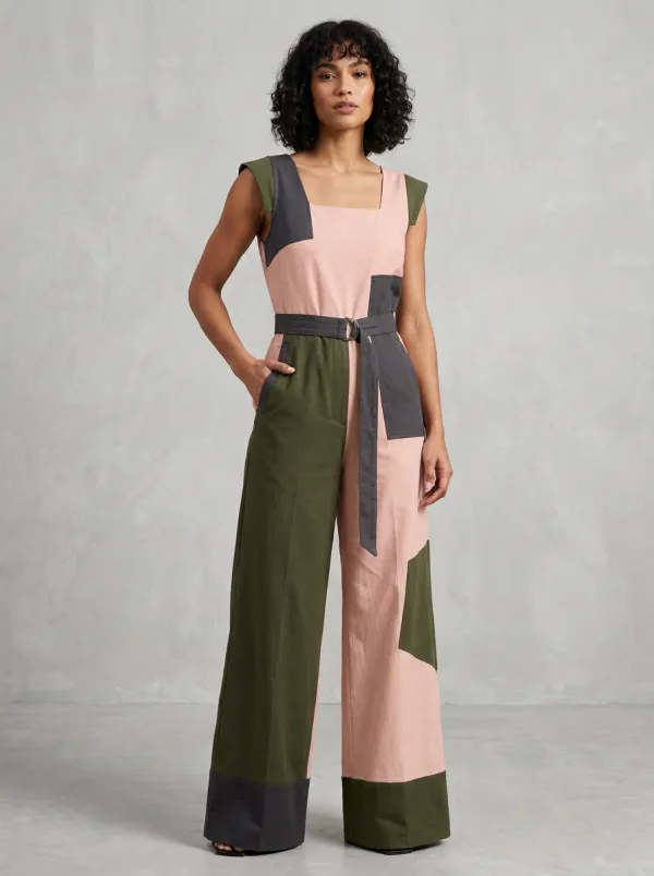 Women's Patchwork Colorblock Belted Sleeveless Jumpsuit