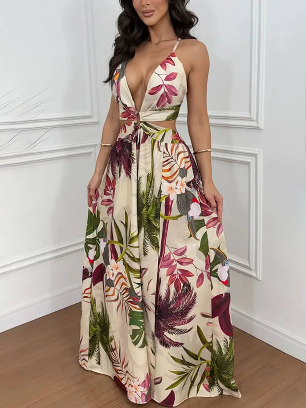 Bohemian Backless Print Slit Maxi Dress