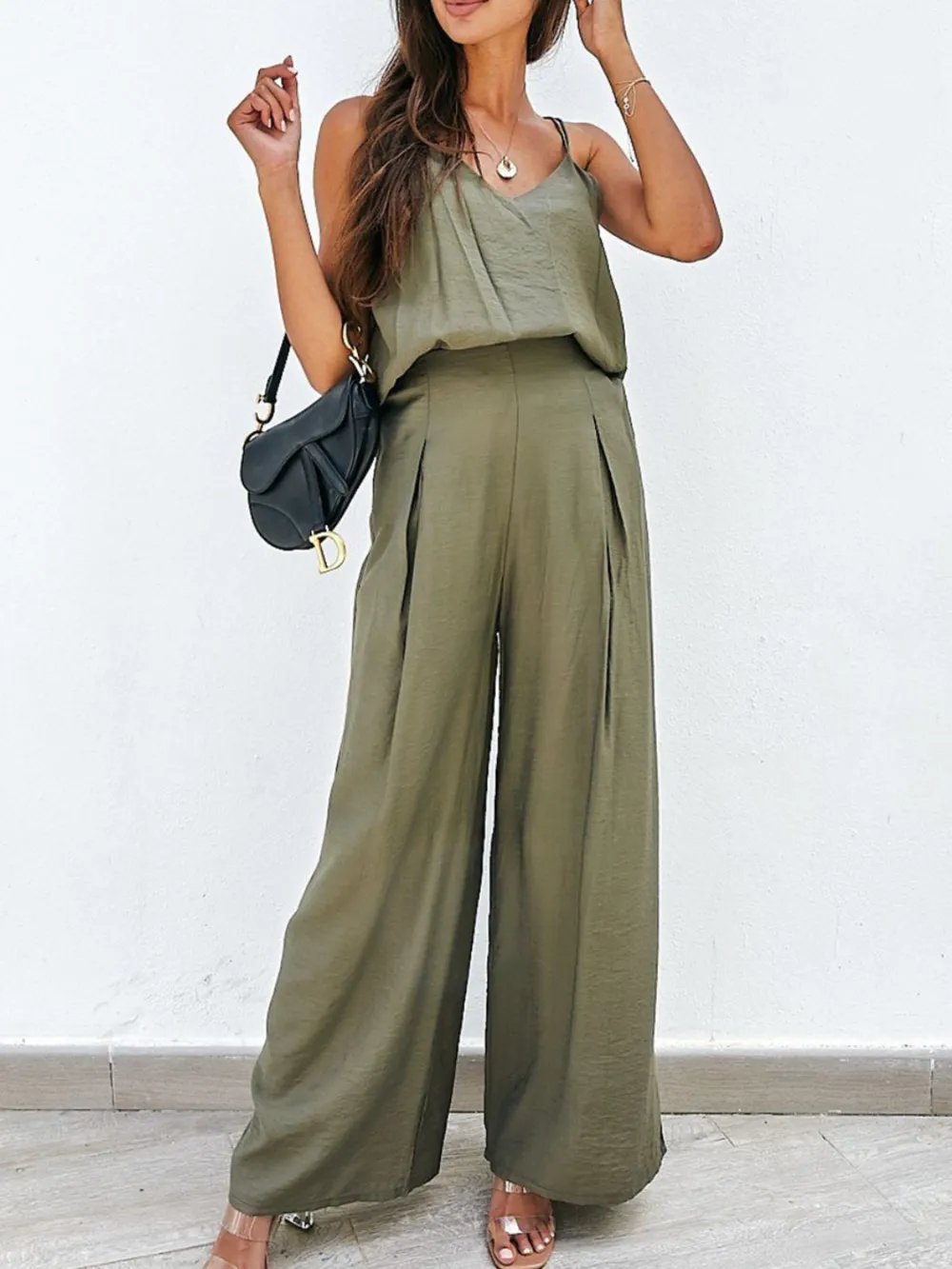 Spaghetti Strap Cami And Wide Leg Pants Set