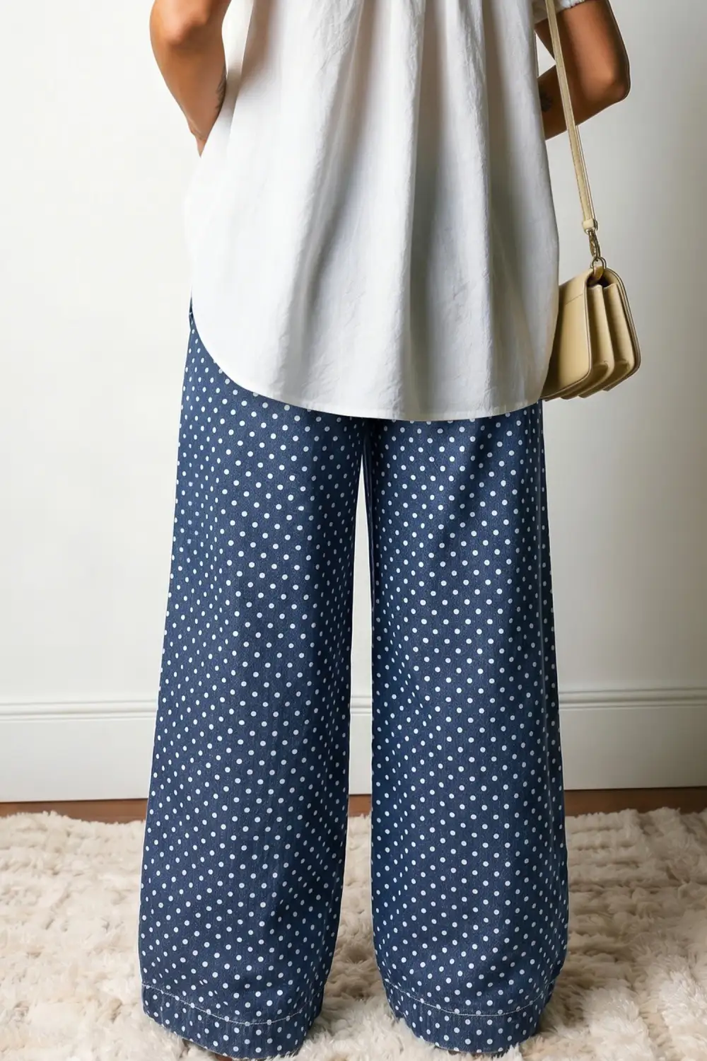 Women's Polka Dot Print Button Pleated Detail Wide Leg Jeans