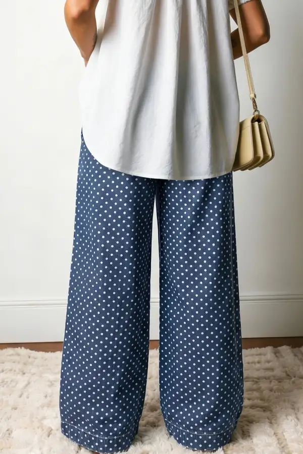 Women's Polka Dot Print Button Pleated Detail Wide Leg Jeans