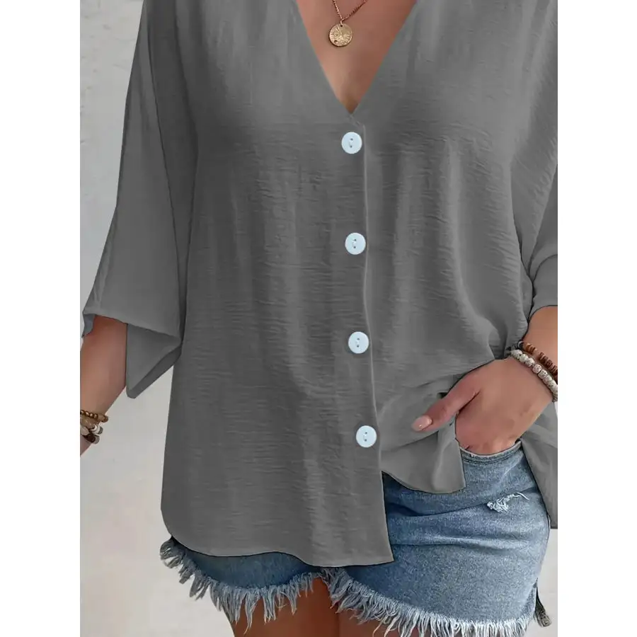 Full Size Casual V Neck Button Down Relaxed Fit Blouse Plus Size