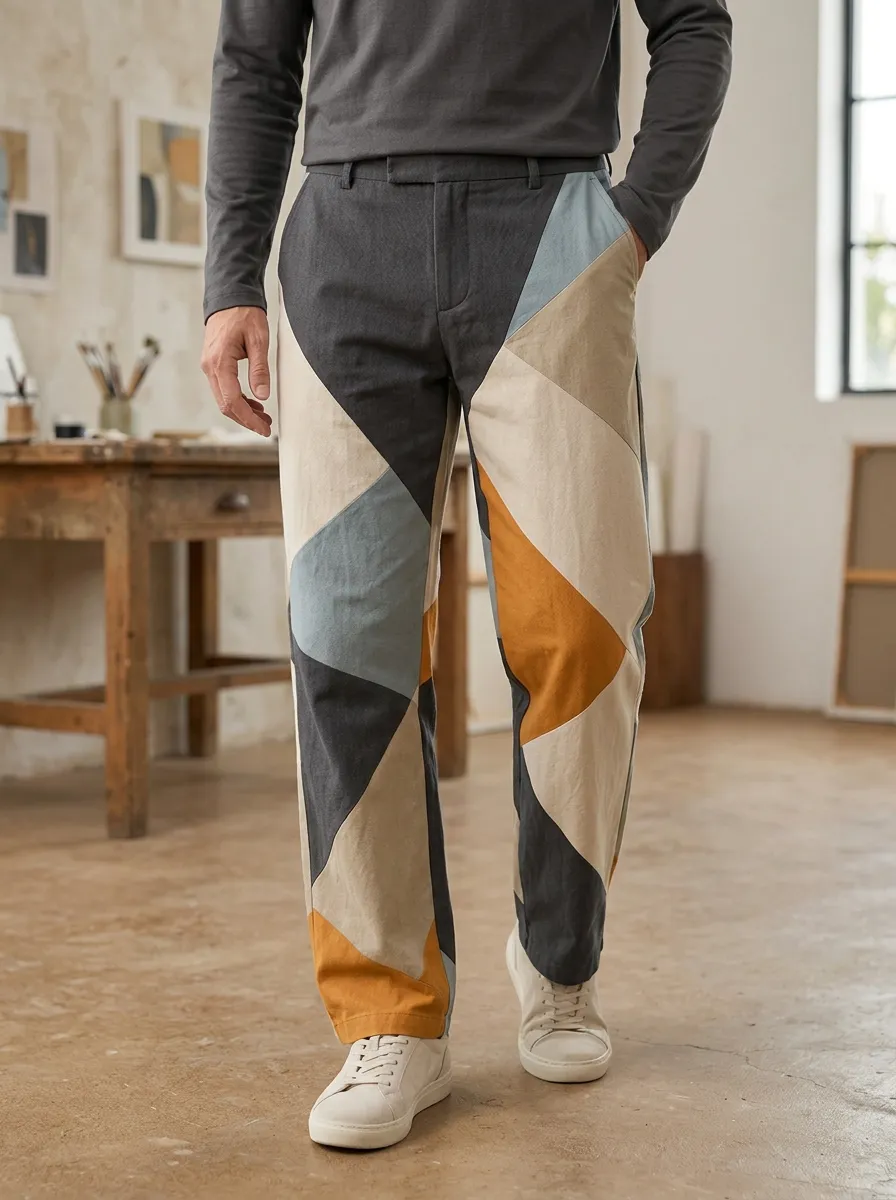 Men's Belted Geometric Patchwork Trousers