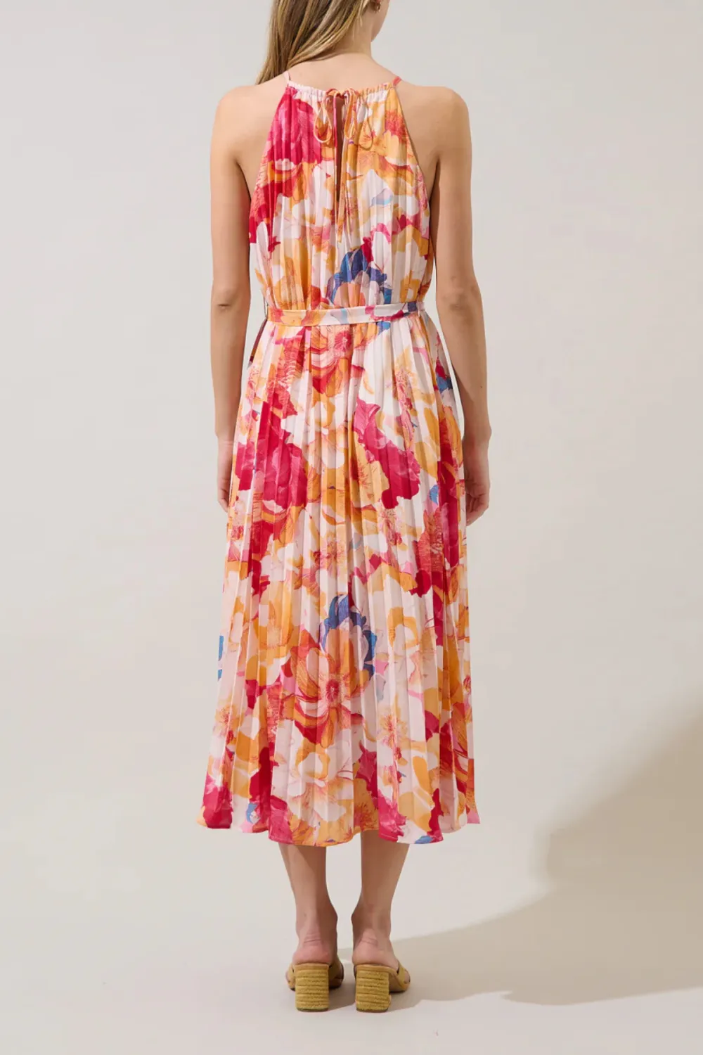 Halter Neck Pleated Floral Print Midi Dress