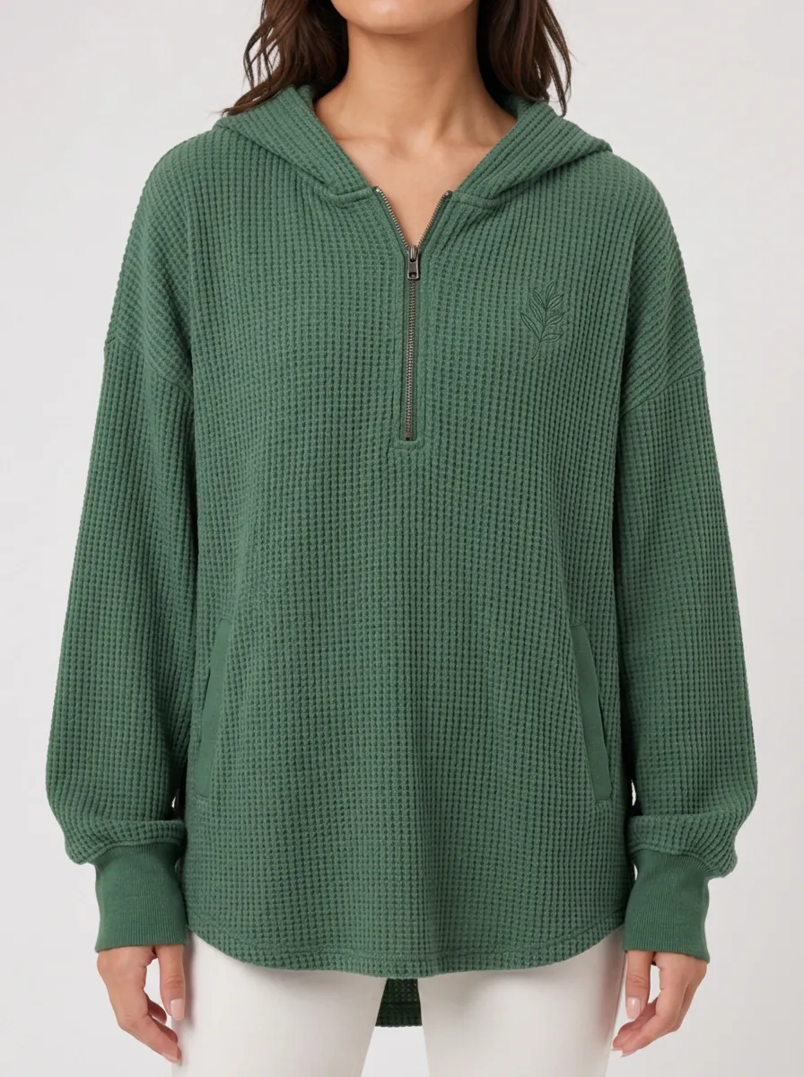 Women's Green Leaf Minimalist Embroidered Waffle Knit Quarter Zip Hoodie