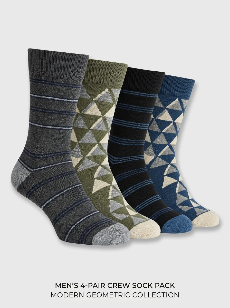 Men's Crew Socks Four-Pair Pack with Striped Geometric Crew Length Ribbed Texture
