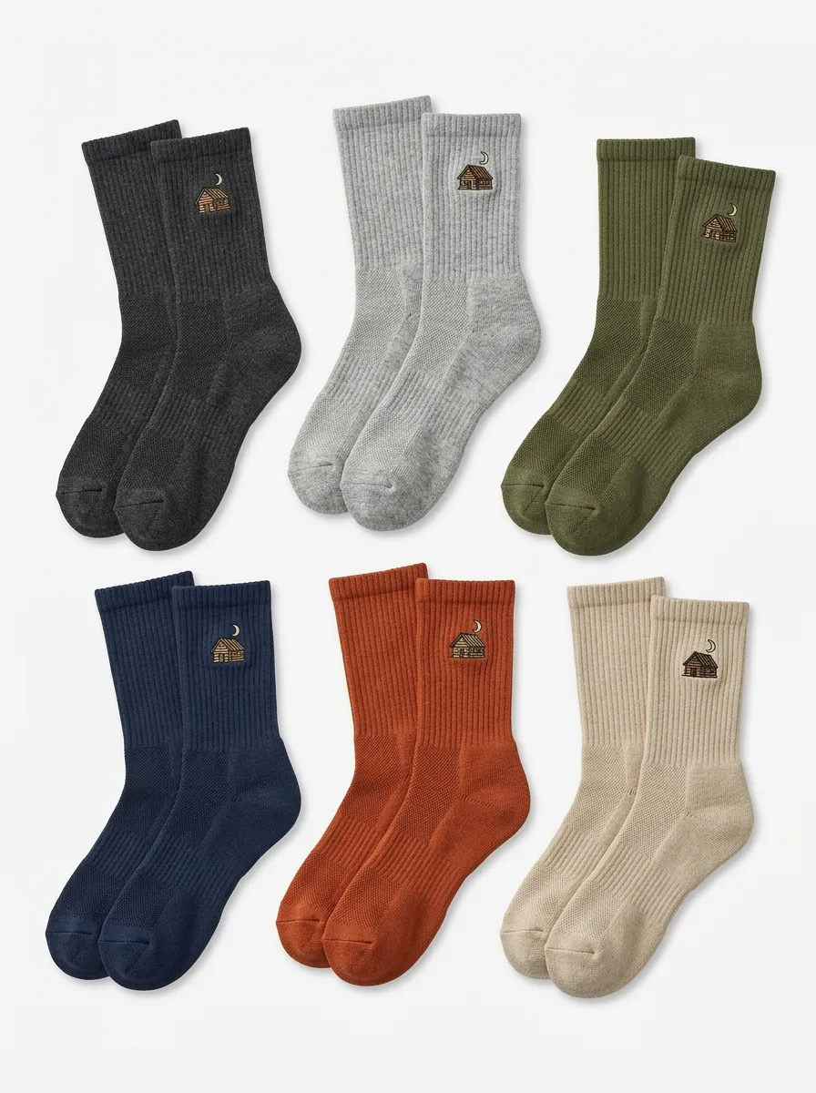 Men's Six-Pair Cabin Moon Embroidered Ribbed Crew Sock Set