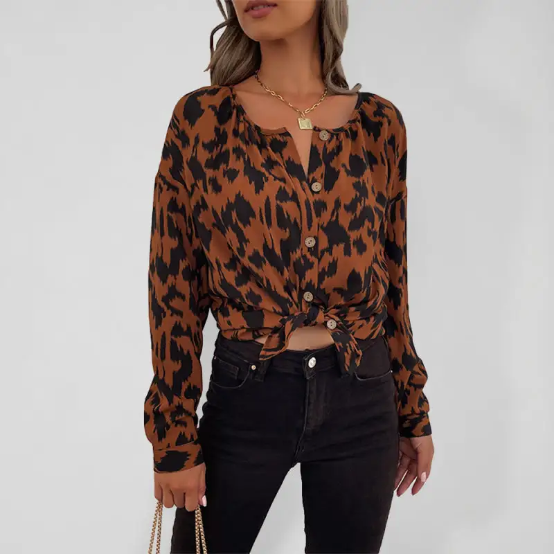 Round-Neck Long-Sleeve Leopard-Print Pocketed Casual Shirt