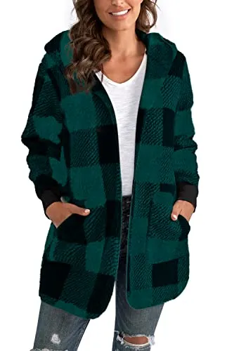 Womens Fuzzy Fleece Open Front Hooded Cardigan Jackets Sherpa Coat with Pockets