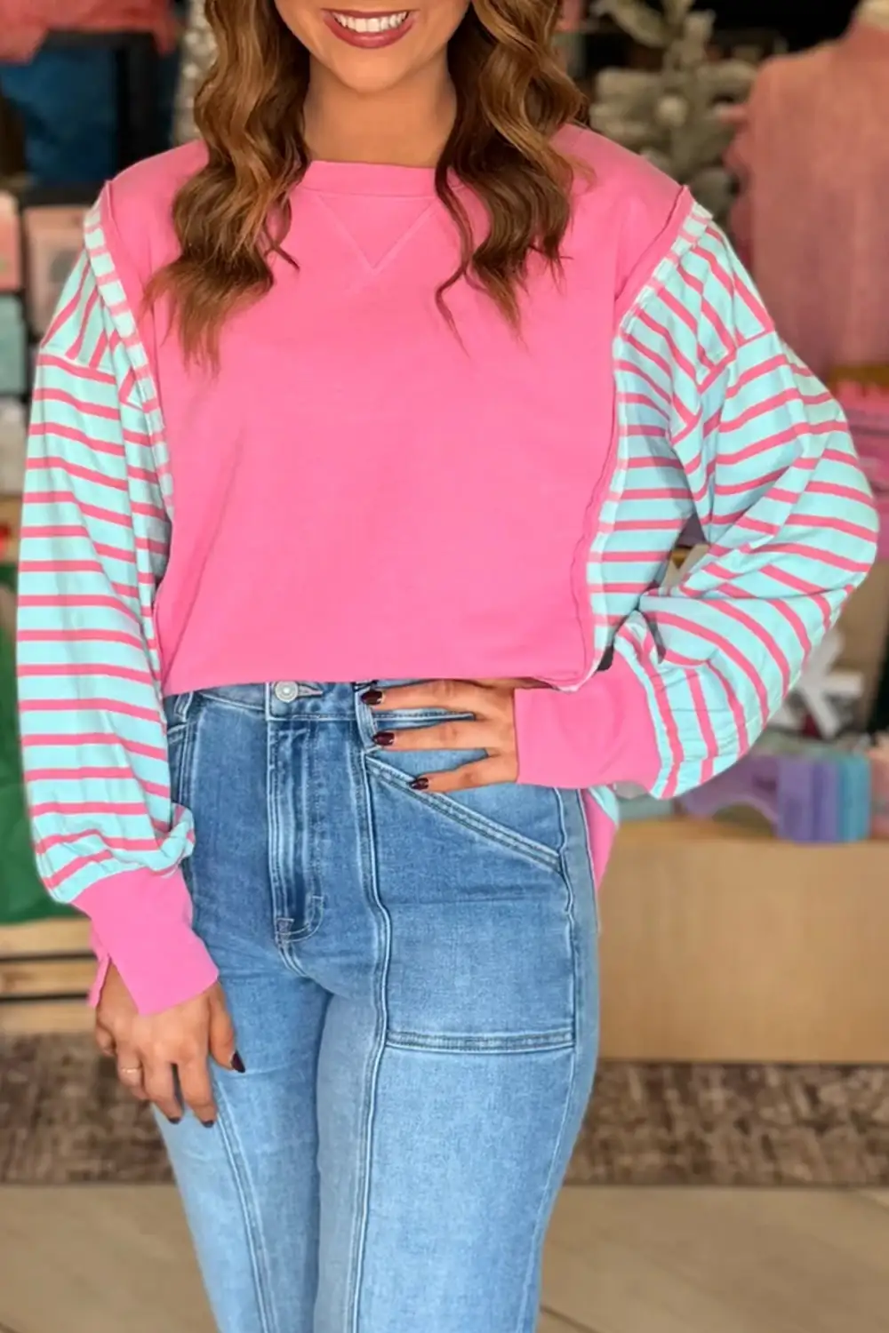 Striped Round Neck Split Hem Relaxed Long Sleeve Top