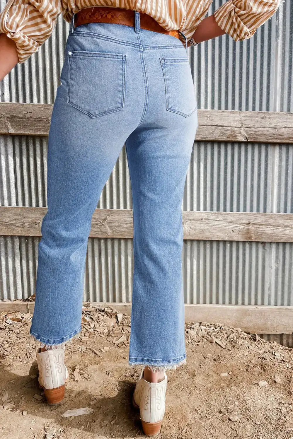 High Waist Flared Raw Hem Washed Casual Jeans