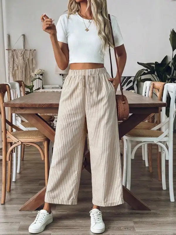 Textured Striped High Waisted Wide Leg Pants