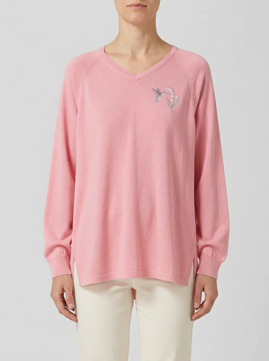 Women's Hummingbird V-Neck Embroidered Pullover
