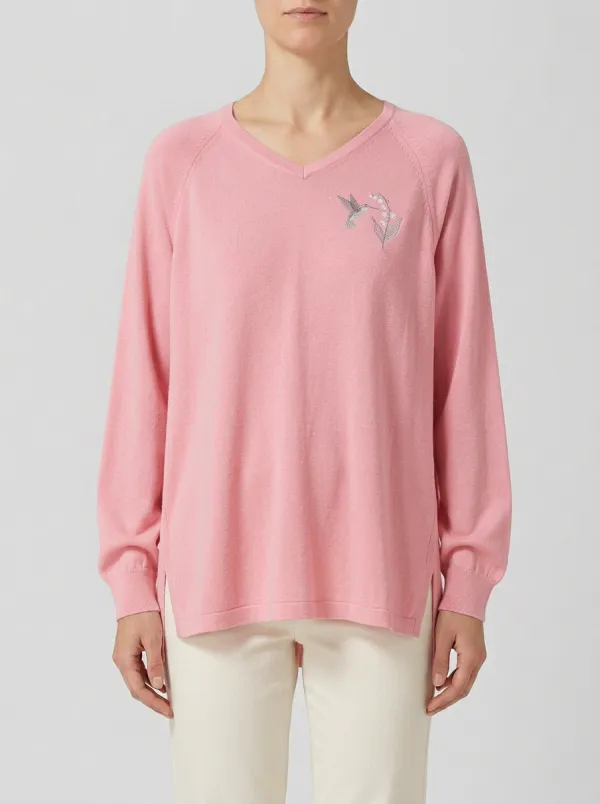 Women's Hummingbird V-Neck Embroidered Pullover