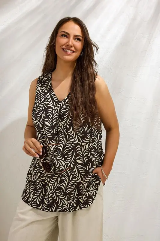 Brown Leaf Print Linen Vest Top