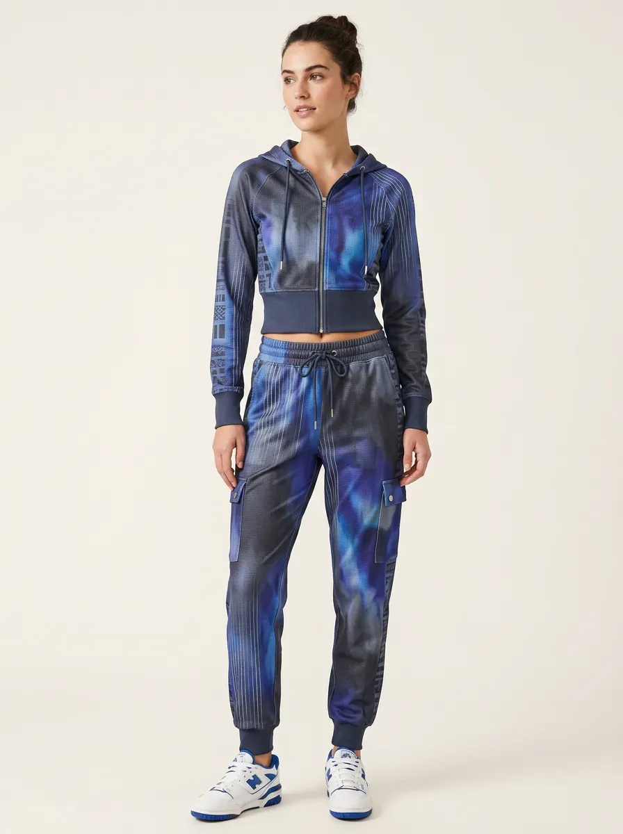 Women's Blue Tie Dye Geometric Striped Printed Tracksuit