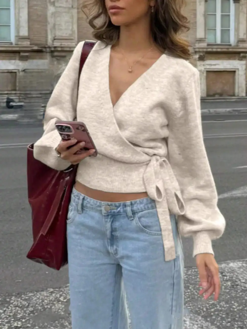 Tie Waist Surplice Sweater