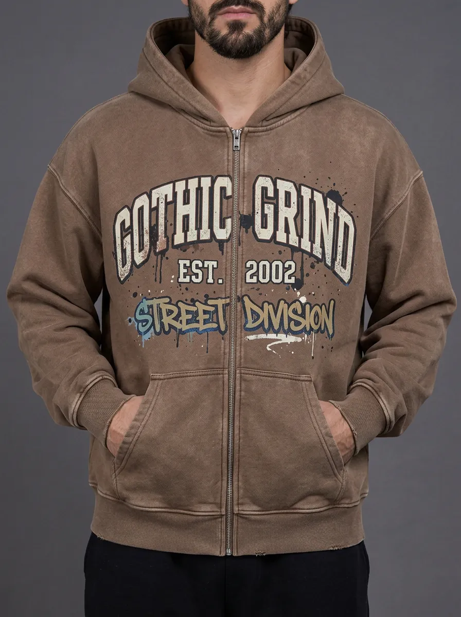 Men's Gothic Grind Street Division Graphic Printed Zip-up Hoodie