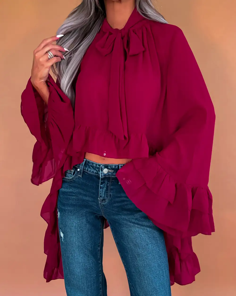 Relaxed-Fit Ruffled Mock-Neck Blouse