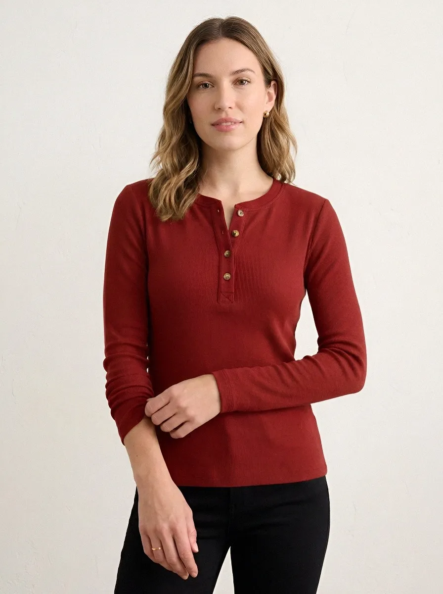 Women's Ribbed Button-Placket Button-Front Long-Sleeve Henley Shirt
